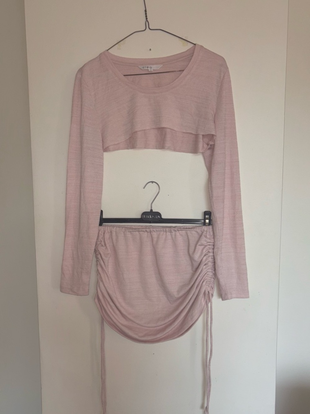 Two-Piece Pink Long-Sleeve Shrug Top & Ruched Skirt Set